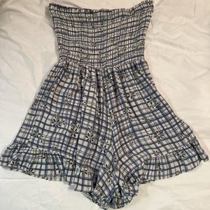 Angie Blue and White Plaid/Floral Strapless Romper
